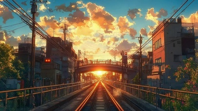  黄昏落日城市铁轨风景