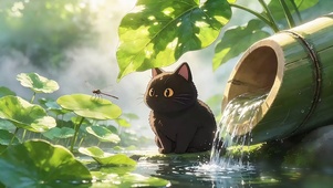 夏日流水涧好奇黑猫