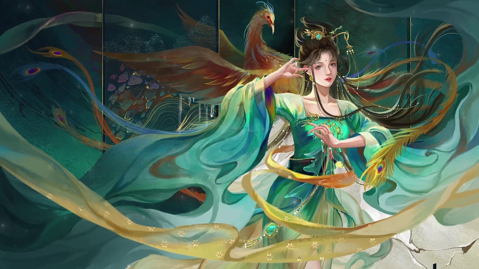 青绿长裙古装女子身后立有赤羽神鸟，飘带舒展流动的国风插画