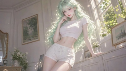 窗边浅绿长发清纯美少女