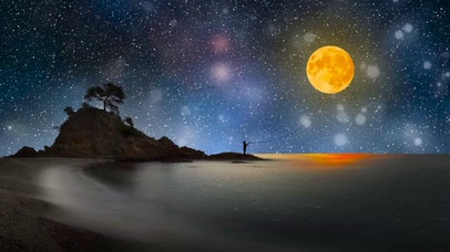 唯美月夜星空湖面