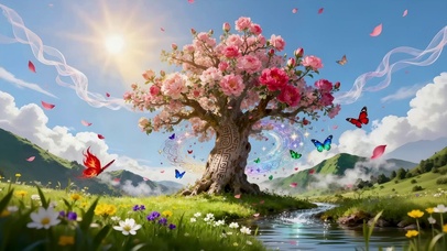 草原河流鲜花树