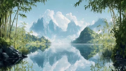 清新雪山湖泊竹林美景