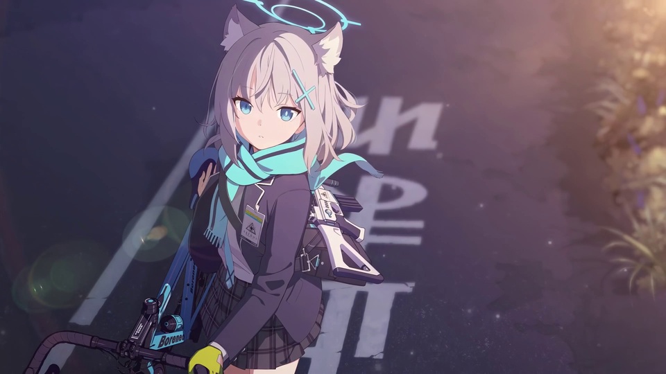 暮色街道上，带猫耳与光环的少女手扶公路车回望镜头。