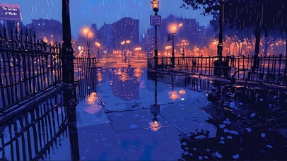 城市公园紫色雨夜倒影