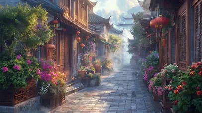 清晨静谧古风小镇街道