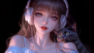 戴耳机的美少女与黑猫