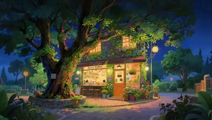 夜晚树下小屋