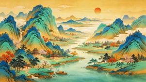 黄昏水墨山水