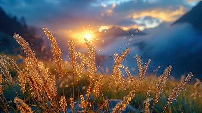 日出露珠覆盖的草地