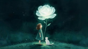 花朵下女孩和猫咪