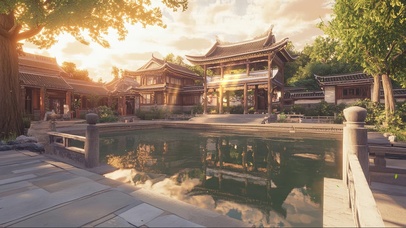 黄昏落日古风庭院池塘