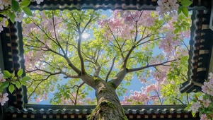 天井仰观粉樱晴空美景