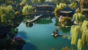 静谧湖畔古风亭子栈桥