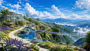 清新云端山间花海美景