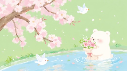 樱影嬉水·小熊抱花春天浪漫曲