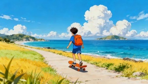 海边滑板少年