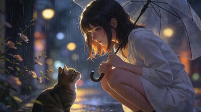 雨天女孩与猫咪