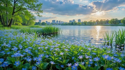 蓝花河畔落日城市风光