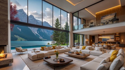 客厅窗外雪山湖