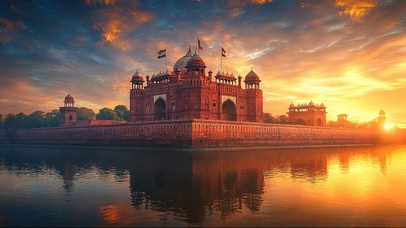 落日湖畔古堡倒影