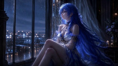 雨夜窗边蓝发二次元美少女