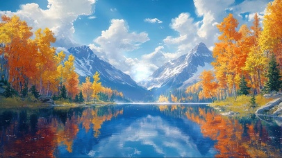 清新阳光秋日湖泊倒影