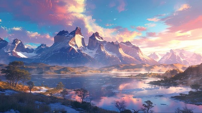 清新清晨雪山湖泊倒影