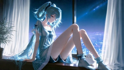 夜景窗边蓝发少女尤诺