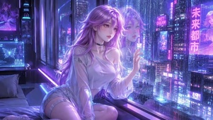 紫发赛博未来都市美少女