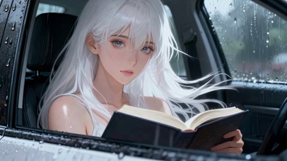 雨天车内看书白发治愈系少女