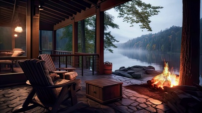 森林河流小屋雨