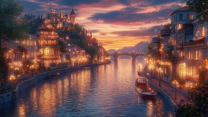 浪漫晚霞河岸温馨小镇