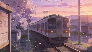 晚霞樱花下火车双屏