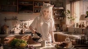 温馨厨房猫耳白发美少女