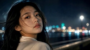 夜景江边清纯氛围感美女