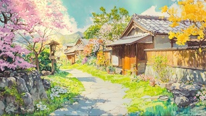 春日阳光古风绿色小镇