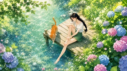 夏日溪边少女与橘猫