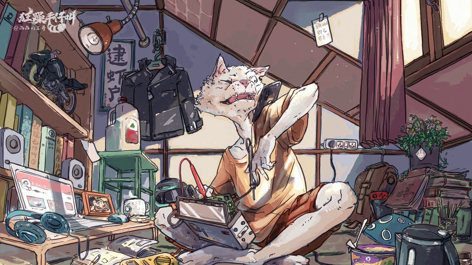 手绘二次元风格拟人白猫斜顶房间日常插画