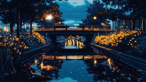 城市河岸蓝调傍晚天桥