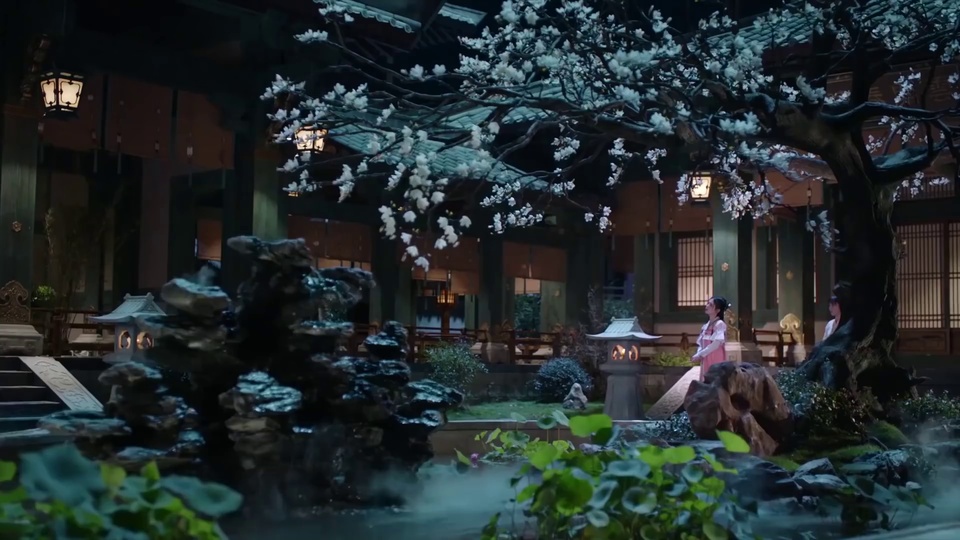 古风夜景庭院中，粉白古装女子抬首望向头顶白色花树，假山池面浮着荷叶与薄雾，石灯笼透出暖光，花树后半掩着一名白衣人物。