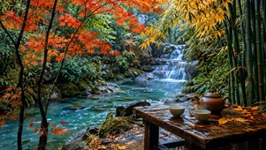 秋天溪边品茶