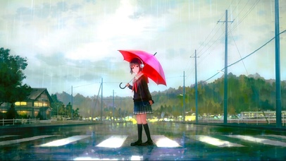 雨天人行道少女