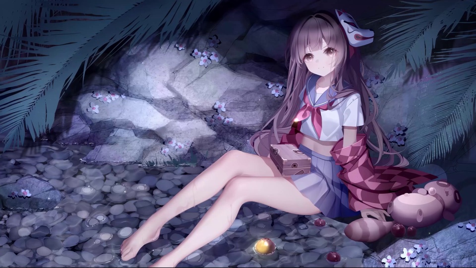 暗紫夜色中，穿水手服的长发少女坐在浅滩石子上，身旁有粉色玩偶与粉紫小花。