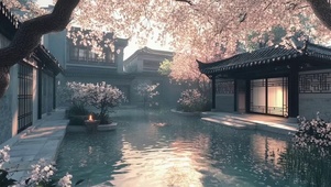 朦胧春日浪漫庭院风景