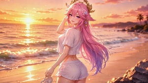 日落海滩粉发女孩八重神子