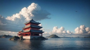 国潮壮观湖畔夕阳