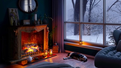 温暖冬日雪天壁炉房间
