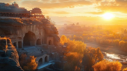 沙漠古城远眺落日风景
