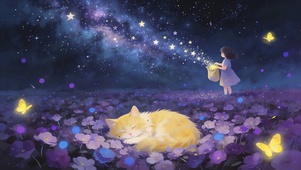 夜景星空下女孩与猫咪